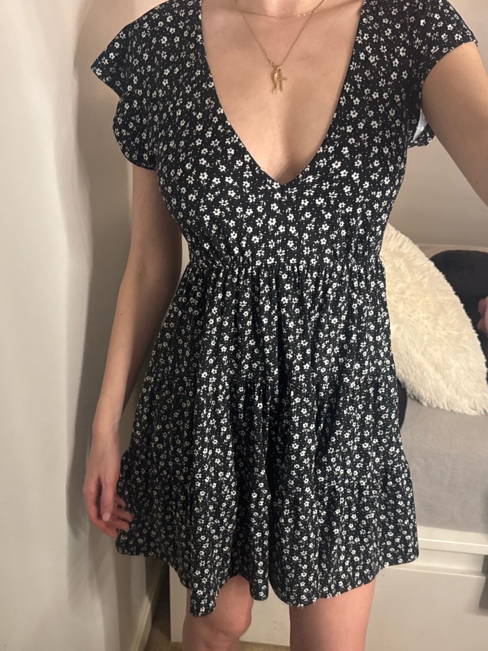 Urban Outfitters Black Floral V-Neck Mini Dress